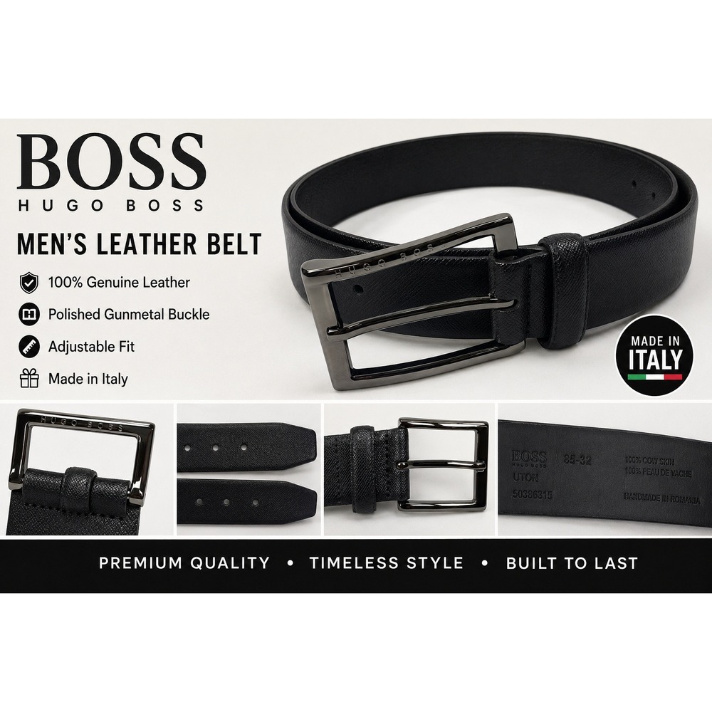 Hugo Boss Belt Mens 85/34 Black Saffiano Leather Gunmetal Buckle Dress